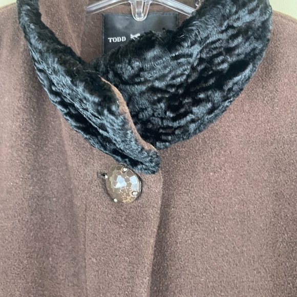 Todd Smith Brown 100% Wool Long Dress Coat with Black Trim Neck & Cuffs Sz 10 - Picture 11 of 14